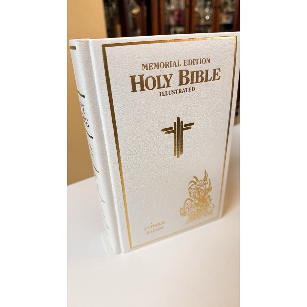 Catholic Memorial Holy Bible NAB Illustrated White Gold Vintage Family